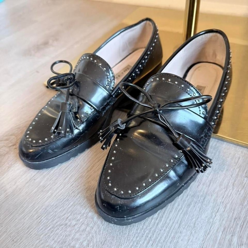 ZARA BASIC Black Studded Bow Tasseled Loafer Flats Cushioned Women's EU 36 - Picture 2 of 7